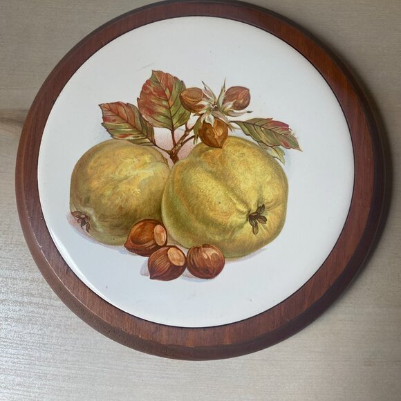 Set of 2 VTG ceramic tile wooden trivet tiles round fruit nuts rustic farmhouse - Picture 2 of 7